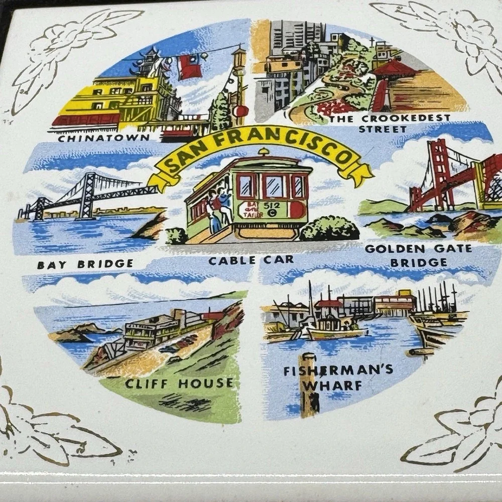 Vintage Tile Cast Iron Trivet San Francisco SNCO Japan Cable Car Chinatown 9.25